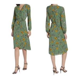 Cupcakes and Cashmere Green Floral Wrap Dress XS Midi Long Sleeve Tie Belt